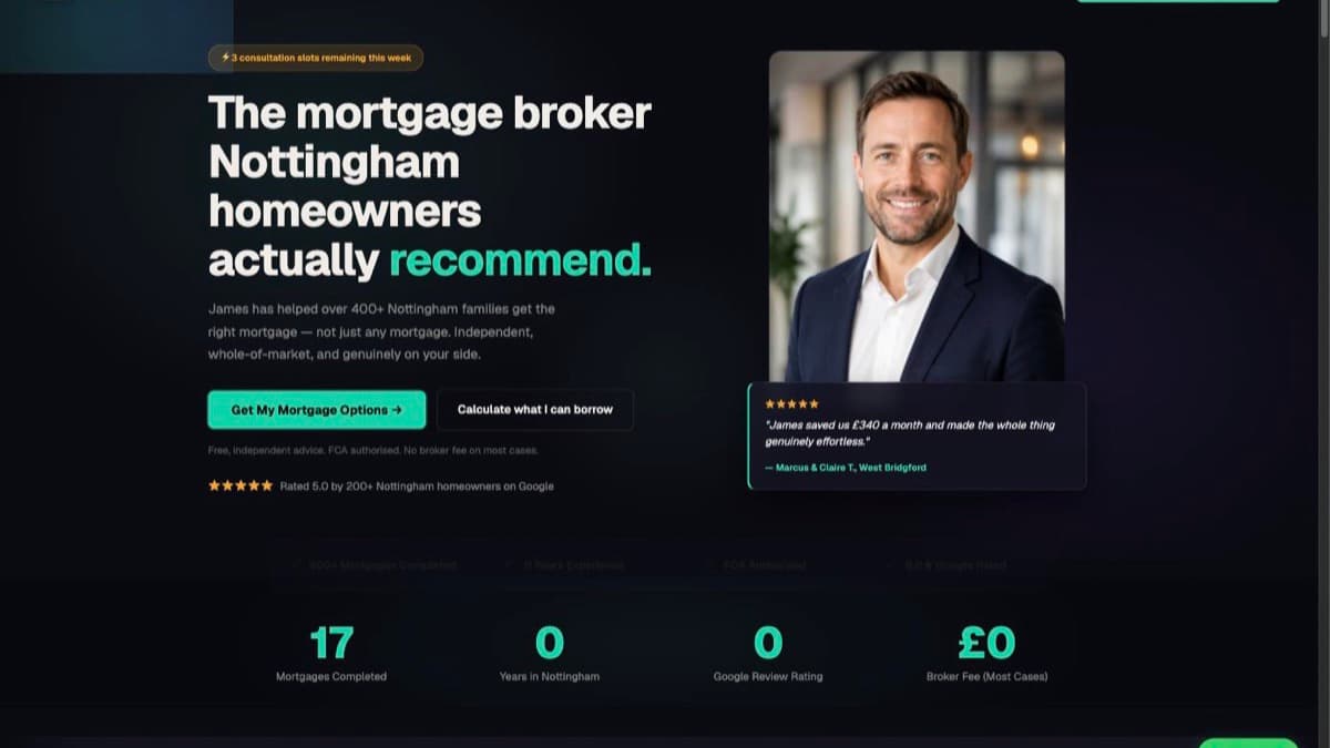 Homepage of the Whitfield Mortgage Advisory website built by Senja Studio, showing the hero headline, segmented call-to-action buttons and a Google review